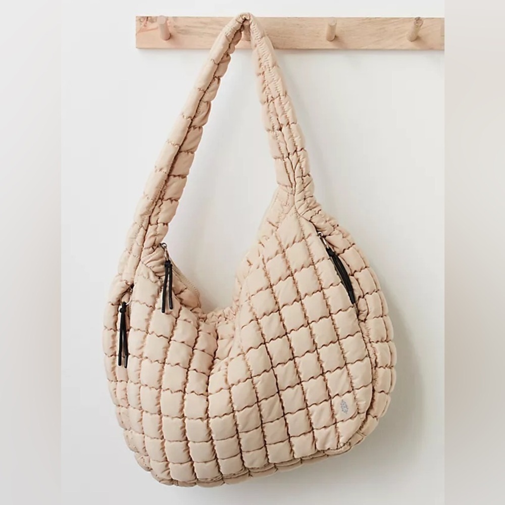 FP Movement quilted tote bag carryall beige sand hobo large zipper shoulder